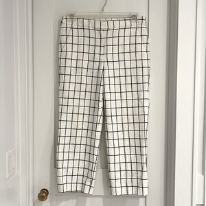 J. Crew cropped patio pant in ivory with navy window pane pattern.